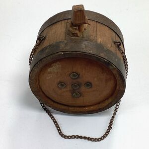 Vtg Wood Vessel Keg Water Canteen Rustic Metal Trim Chain
